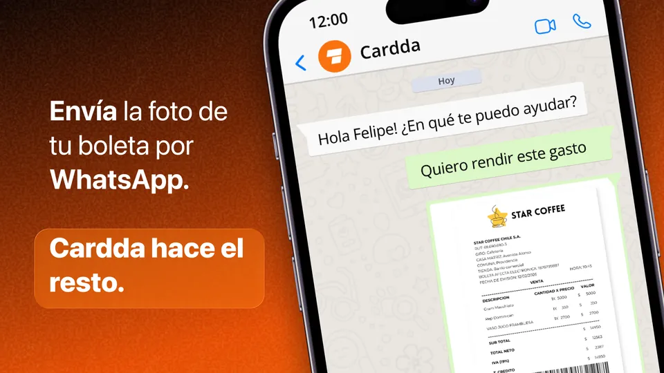 Chat de WhatsApp con Cardda: "Quiero rendir este gasto" junto a la foto de una boleta